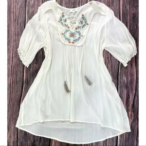Umgee USA Sz L Ivory  Floral Embroidered Tassel Tunic Top Peasant Blouse